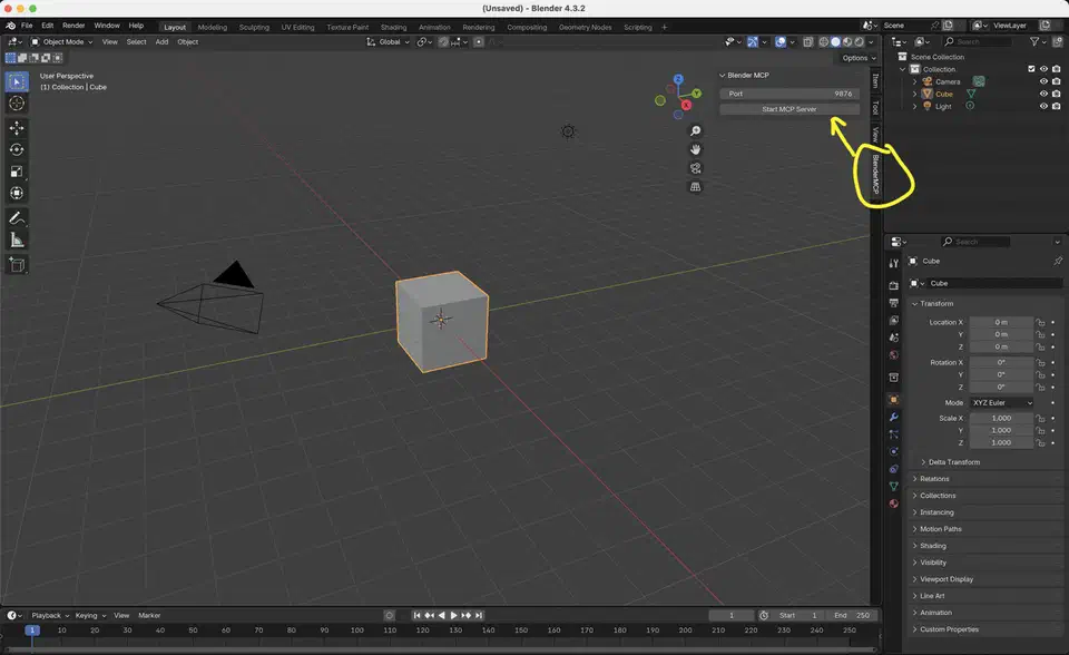 BlenderMCP N-panel in the Blender 3D View sidebar showing the Connect to Claude button and Poly Haven toggle
