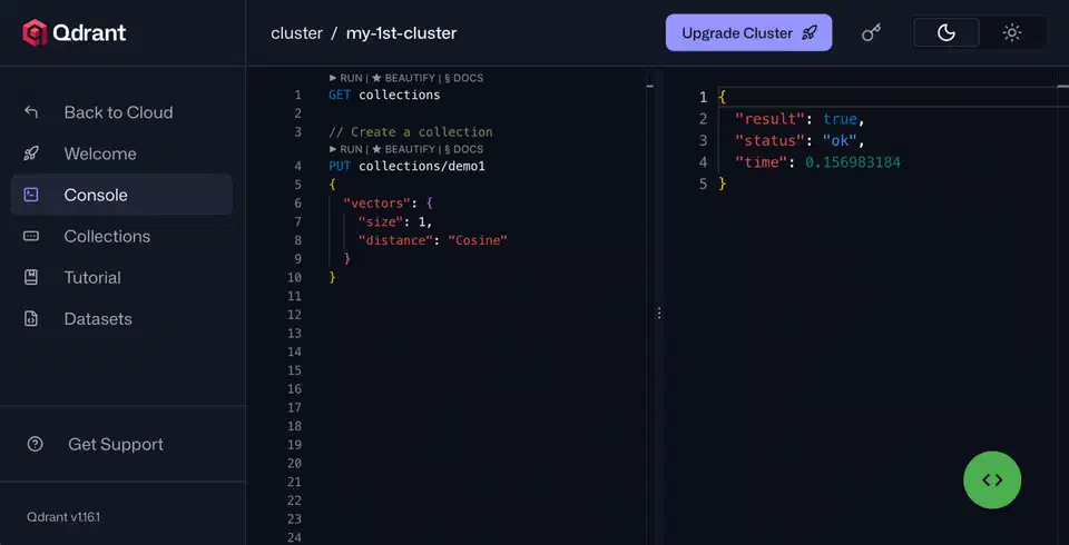 Qdrant web dashboard showing collection management with vector counts, dimension info, and REST API console