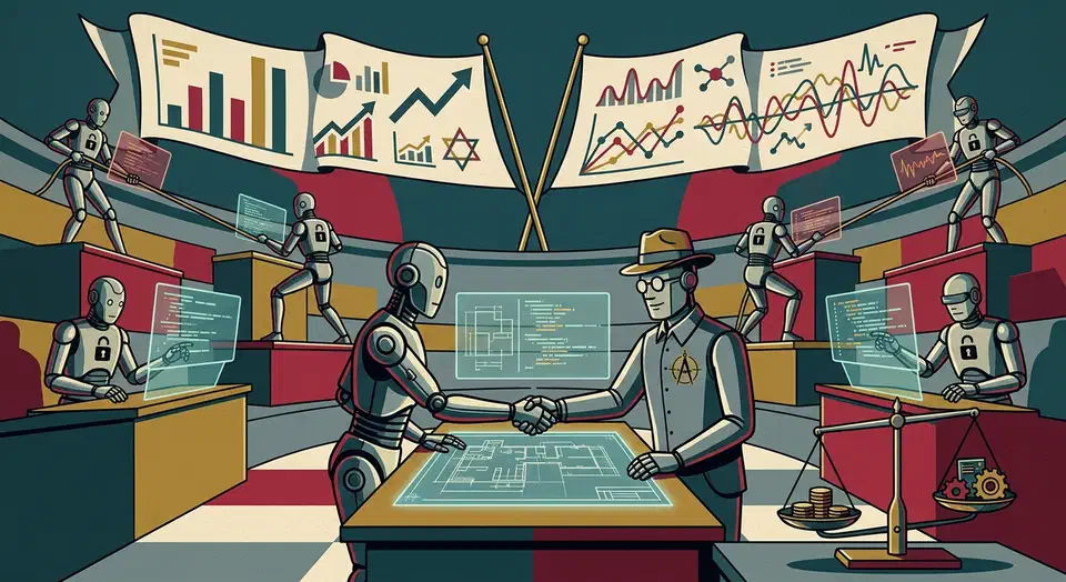 The Chinese open-weight coding stack in 2026, ranked honestly: Kimi K2.6 to K2.7-Code, GLM 5.1, Qwen3-Coder, DeepSeek V4, cost and the hybrid stack. Robotic open-weight coding models compete on a podium while one shakes hands with an architect robot over a blueprint, with cost scales in front.