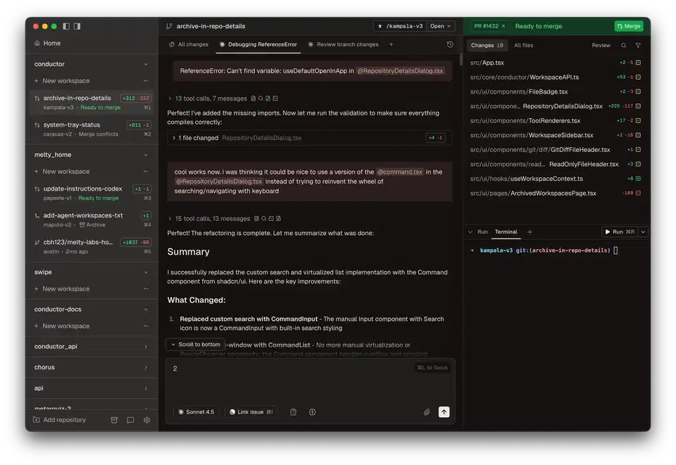 Conductor dashboard showing multiple Claude Code agents running in parallel with a diff review interface