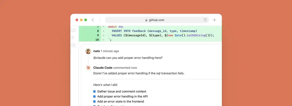 Claude Code responding to an @claude mention in a GitHub PR, showing the action analyzing code and posting a structured response