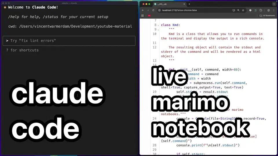 Marimo notebook interface showing Claude Code integration for writing and editing Python notebook cells