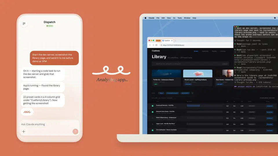 Claude Code Dispatch showing a continuous conversation thread syncing between phone and desktop