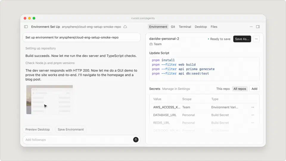 Cursor agent window setting up a cloud development environment, showing the agent&rsquo;s task plan, an update script panel, and a secrets table