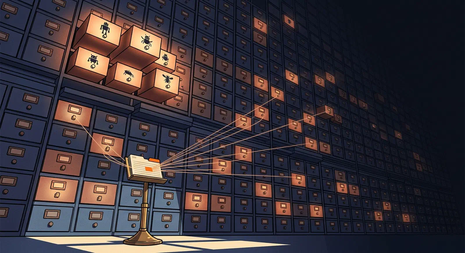 A wall of 91 glowing archive drawers with a small index card wired to only a dozen of them