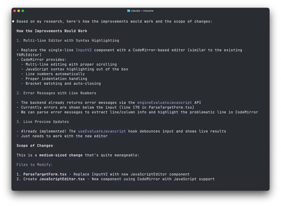 Claude Code displaying a detailed implementation plan with estimated task breakdown for building a new editor feature
