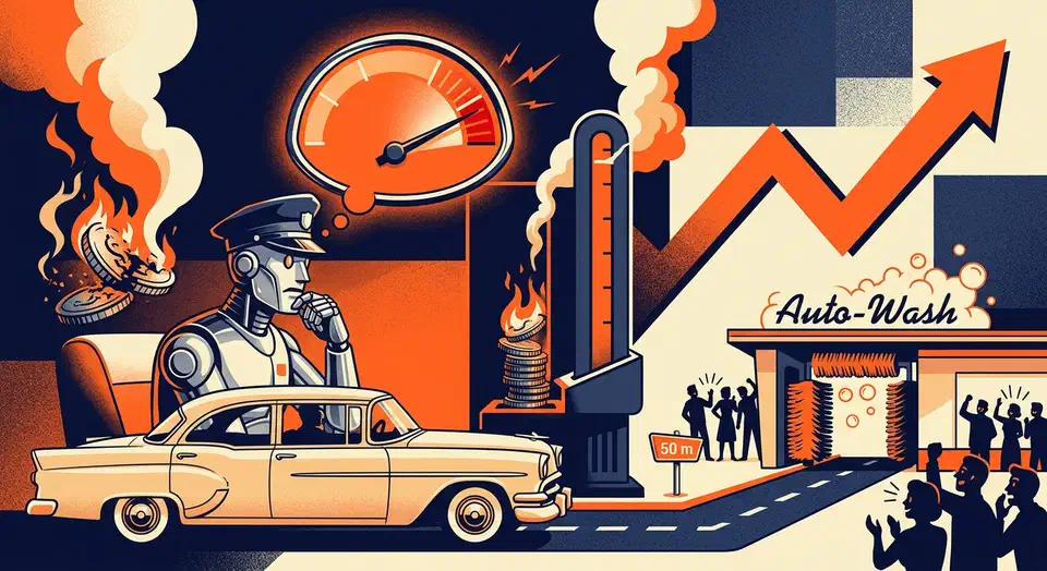 Robotic chauffeur in a car deliberating over a red-zoned thinking gauge while a car wash sits 50 meters ahead and a token meter burns fuel.
