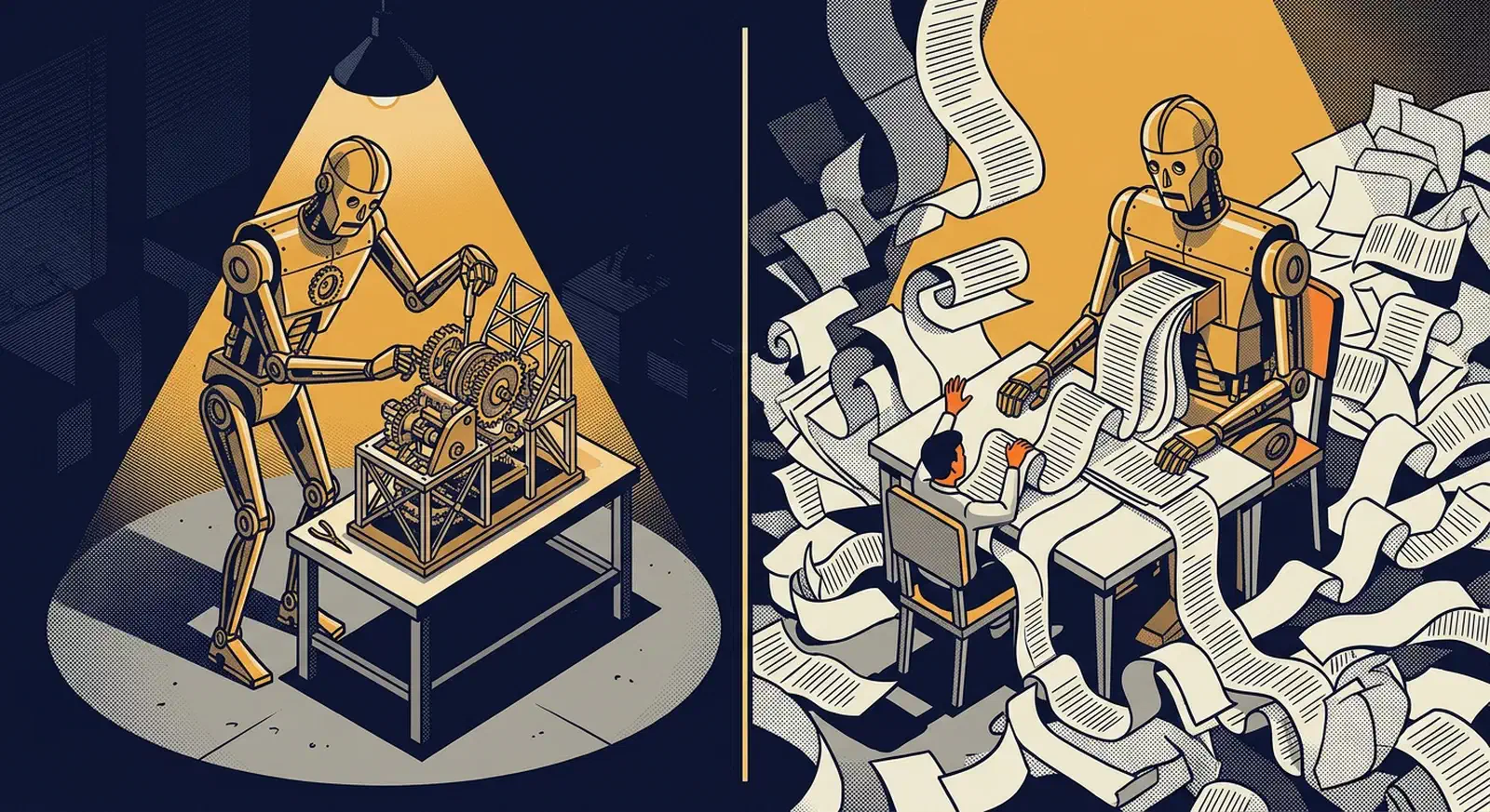 Brass automaton building a finished machine alone on one side, and burying a seated person under a flood of printed pages on the other