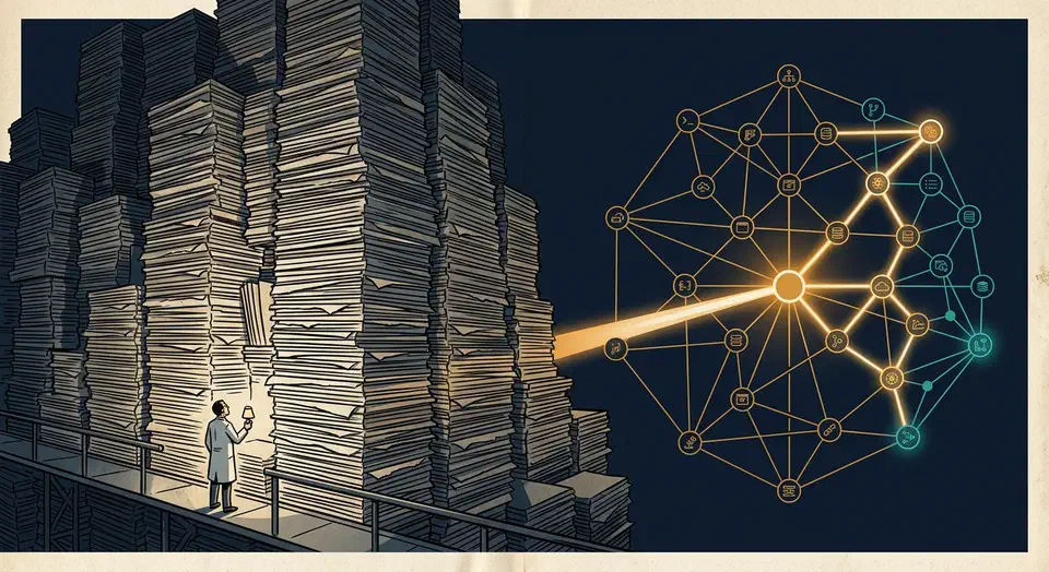 A towering wall of stacked paper source code beside a small glowing node-and-edge graph tracing one function's connections