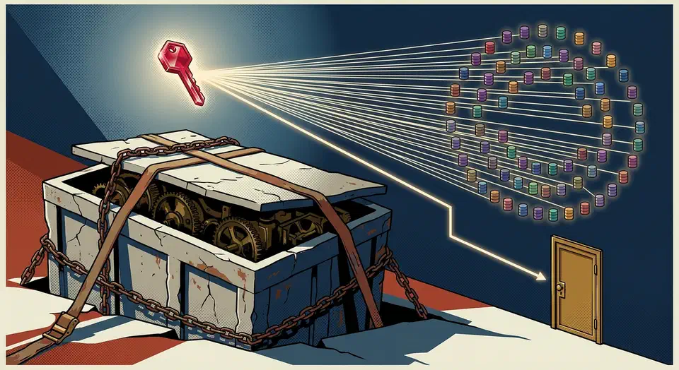 dbx is a lightweight database client covering 70+ databases from a 20 MB download, with no Java runtime and an MCP server your coding agent can query. A small ruby key linked by light beams to seventy glowing database cylinders beside a huge chained crate