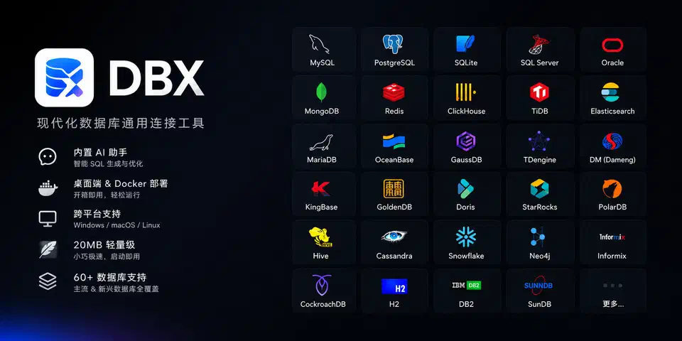 Grid of database logos supported by dbx including MySQL, PostgreSQL, Oracle, MongoDB, Redis, TiDB, OceanBase, GaussDB, KingBase, Snowflake and Neo4j