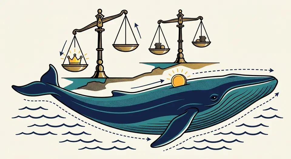 A giant blue whale gliding low past two brass balance scales weighed down by a golden crown, symbolizing a cheap model outpacing costly rivals