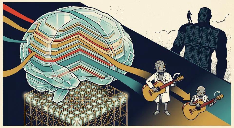 DeepSeek V4 ships 1.6T parameters and 1M context on 27% of V3.2's inference FLOPs. Inside the hybrid attention, mHC residuals, and Muon optimizer. Cross-section of a translucent crystal brain threaded by red, gold, and teal attention ribbons resting on a doubly-stochastic matrix pedestal beside a guitar-tuning lab figure.