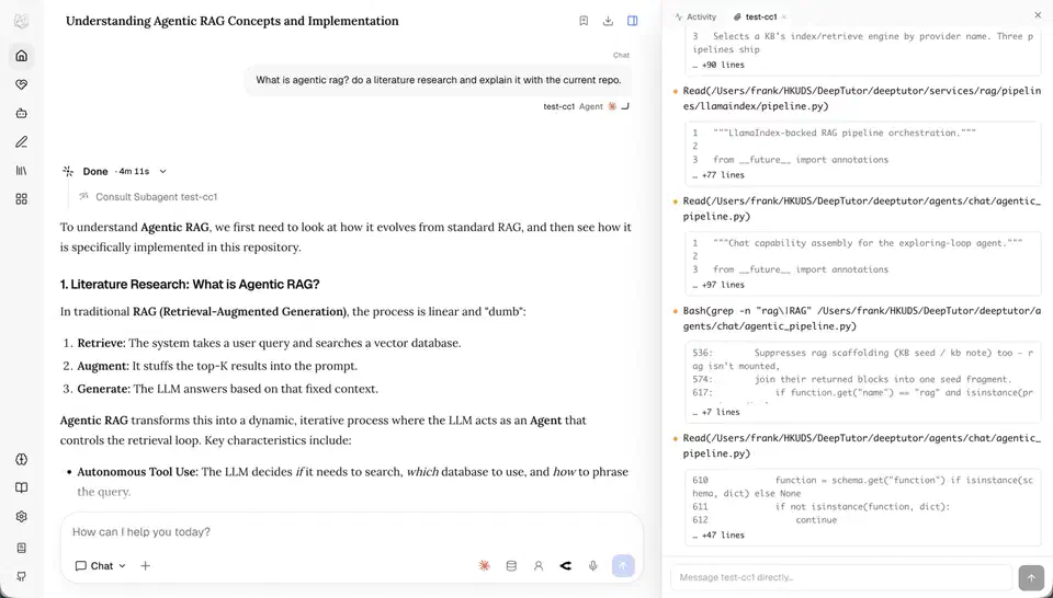 DeepTutor lesson view with a side activity panel streaming live output from a Claude Code subagent