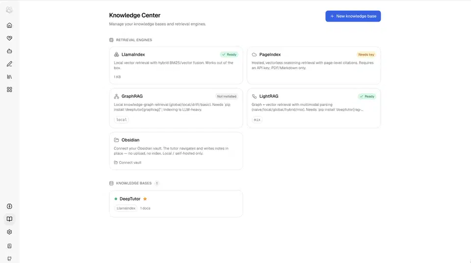 DeepTutor Knowledge Center listing knowledge bases with their retrieval engine, document count, and index version