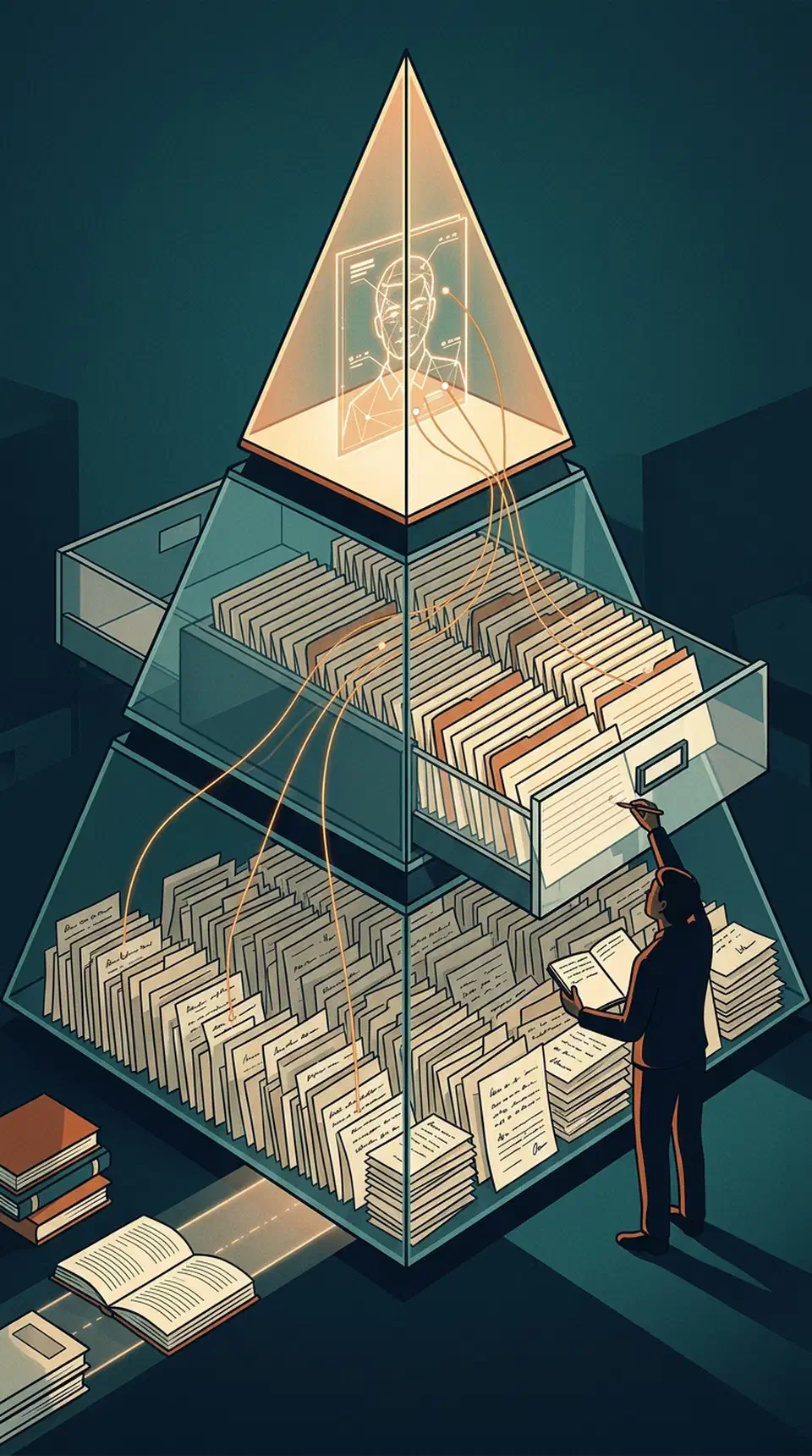 Three-tier glass pyramid of open drawers holding paper records, index cards, and a glowing student profile, with a person correcting one card