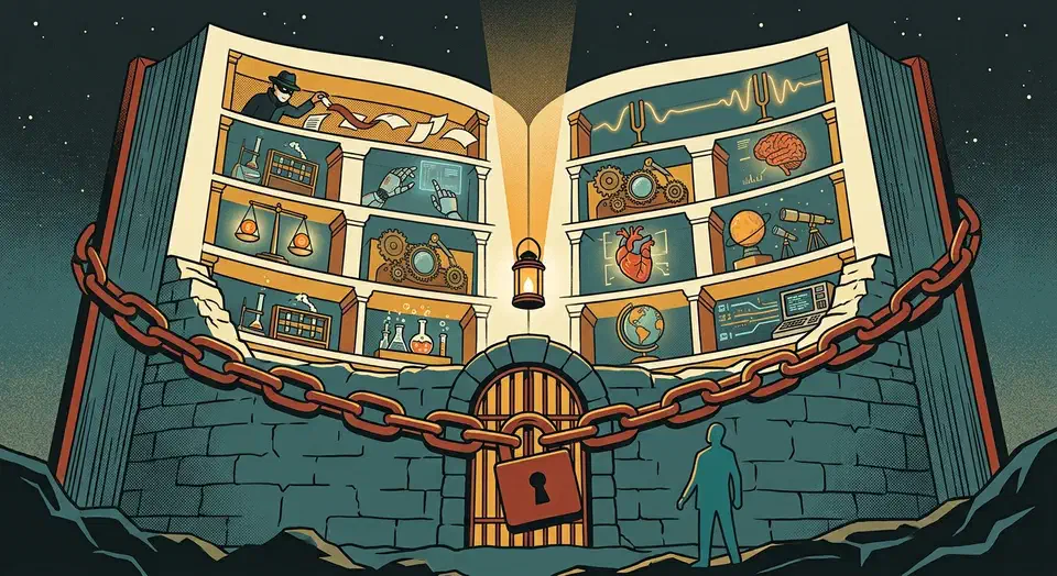 The Dive into LLMs course ships 11 hands-on chapters with slides and notebooks, all in Chinese, with no license file and no update since October 2025. A giant open book built as a walled amphitheatre of lit chapter alcoves, wrapped in a heavy chain and padlock, with a lone figure standing outside the gate