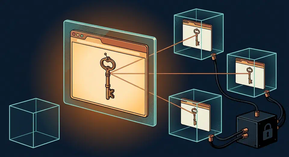 The ego lite browser for AI agents gives each agent an isolated Space that inherits your real logins. The project ships the skill, not the browser. Glowing browser window holding a brass key, copper threads linking it to duplicate keys inside three sealed glass cubes
