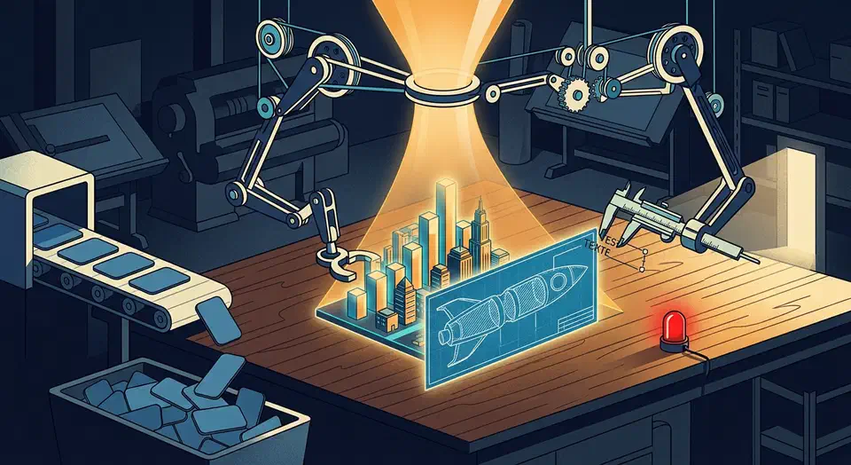 A drafting rig builds a glowing funnel, isometric chart city, and blueprint rocket while flat blue cards slide into a discard bin