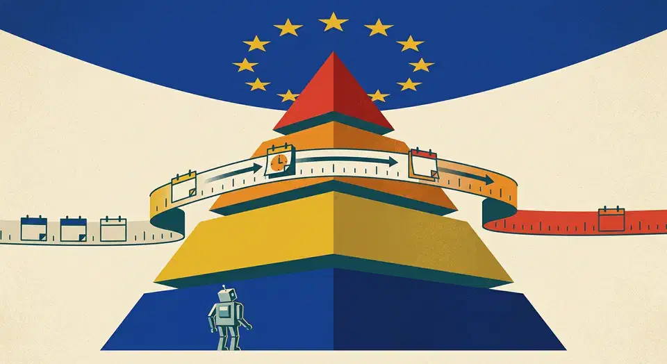A four-tier risk pyramid under a ring of EU gold stars, with a deadline milestone sliding forward along a calendar timeline and a small robot at the minimal-risk base