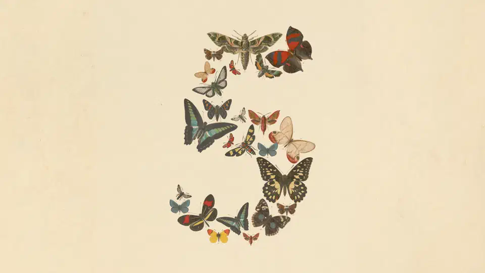 Anthropic Claude Fable 5 announcement artwork showing a large number five formed from a collage of illustrated butterflies on a cream background