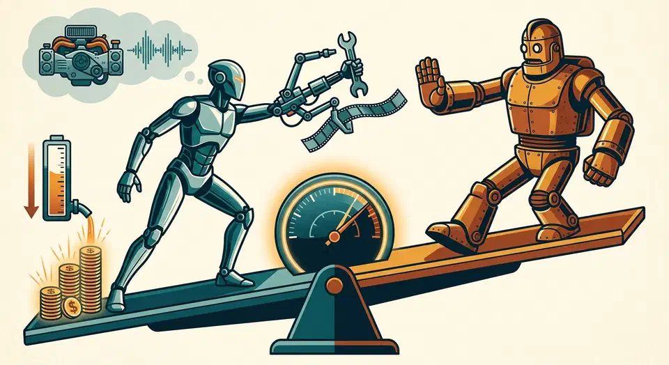 Fable 5 vs Opus 4.8: Reddit users who ran both during the free window rate coding, debugging, vision and token cost, and say whether it is worth it. Two robots face off on a balance scale, one grabbing a wrench and film strip while a fuel meter drains into coins