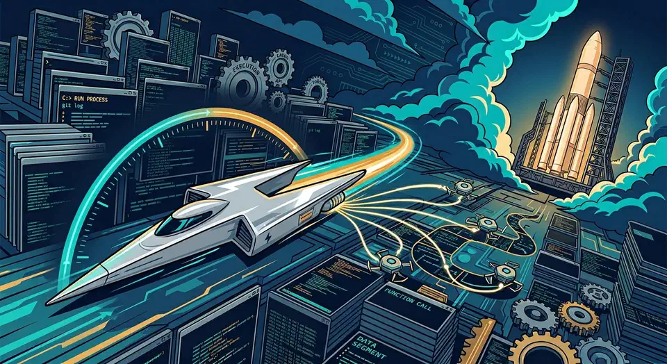 A lightning-bolt-shaped racing vehicle speeds across a landscape of terminal windows while small subagents fan out and a rocket waits on a launchpad.