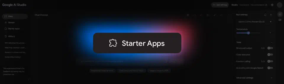 Google AI Studio interface showing a gallery of starter app templates for building with the Gemini API