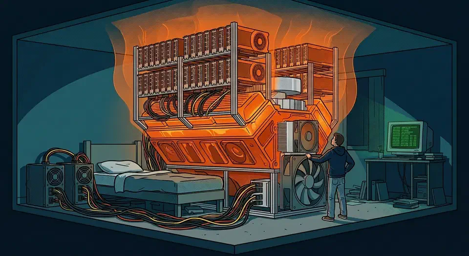 GLM-5.2 is the open-weight coder Reddit actually runs at home: better than Sonnet and Kimi, short of Opus, and a 1-bit quant that still isn't dumb. A wall of stacked graphics cards fused into a glowing truck engine fills a suburban bedroom beside a lone builder