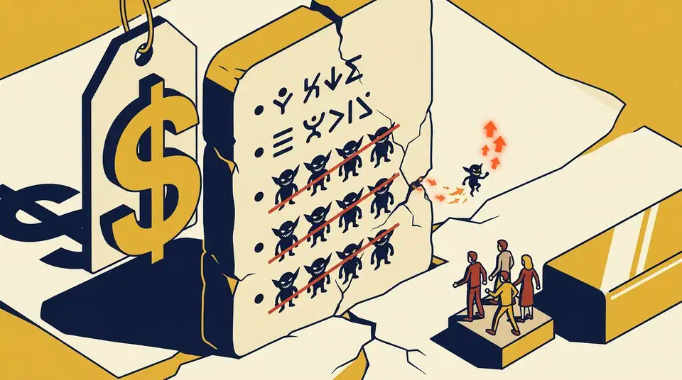 Cracked stone tablet engraved with a bulleted system prompt, four crossed-out goblin silhouettes repeated, a tiny goblin escaping with upvote-arrow sparks, a giant dollar-sign price tag, and figures refusing to step onto a glossier pedestal.