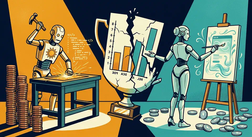 Two robot figures face off, one hammering code beside copper coins, the other painting a UI beside silver coins, with a mocked backwards bar chart between them