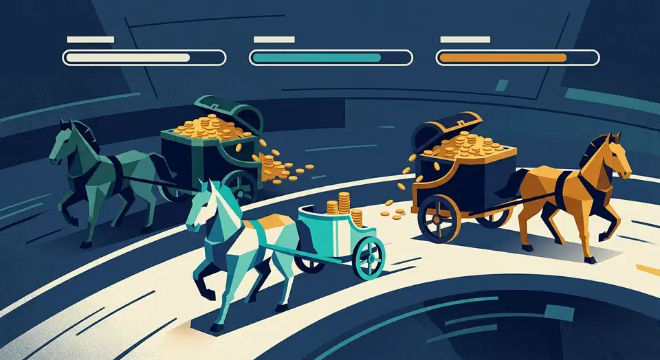 Three racing chariots on a track, the small bright leader carrying few gold coins while two heavier rivals haul overflowing coin chests