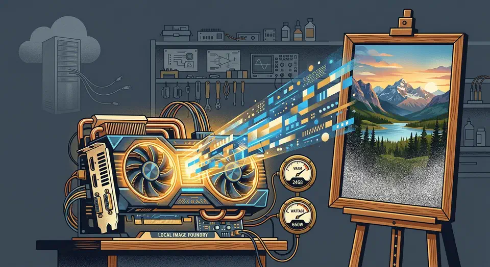 A glowing desktop graphics card streams data into a landscape painting on an easel beside VRAM and wattage gauges