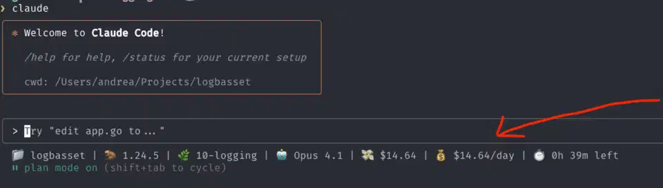 Claude Code terminal showing model, git branch, session cost and context usage in a status line