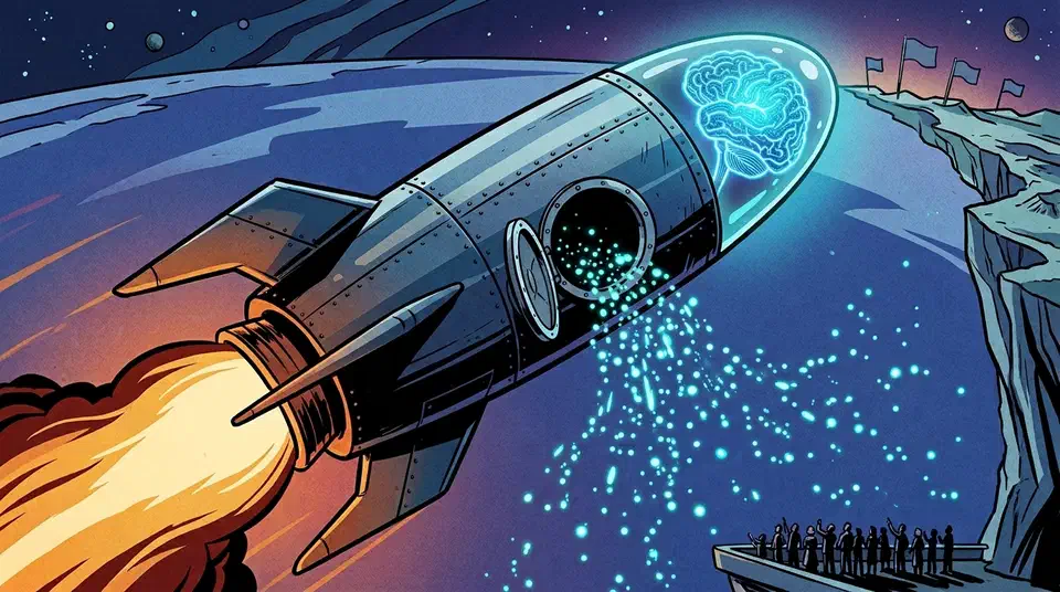 A giant rocket with a glowing neural-network brain nose cone launches toward a high line of small waiting flags while an open hatch spills points of light to a tiny crowd below