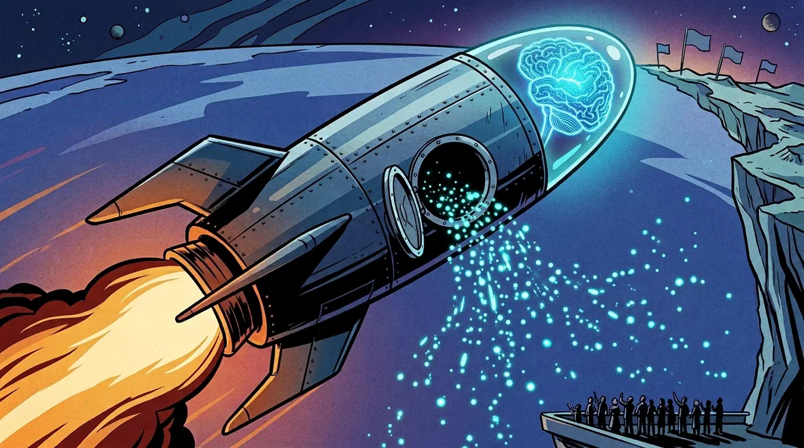 A giant rocket with a glowing neural-network brain nose cone launches toward a high line of small waiting flags while an open hatch spills points of light to a tiny crowd below