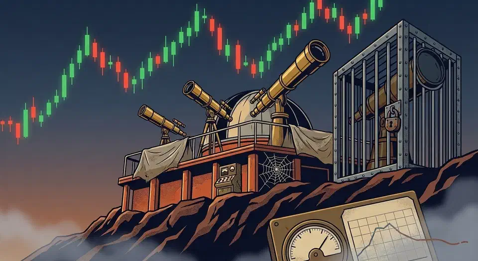 Domed observatory at dusk with three brass telescopes aimed at a constellation of candlestick bars and a fourth larger telescope locked in a steel cage