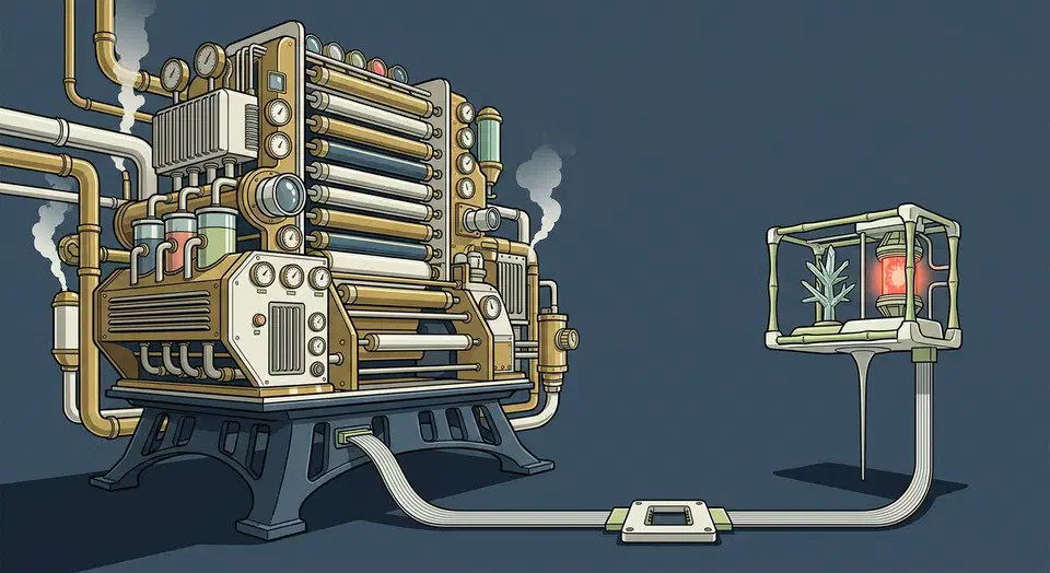 A huge brass machine covered in paint rollers and gauges next to a tiny skeletal frame holding one glowing core, both plugged into the same socket