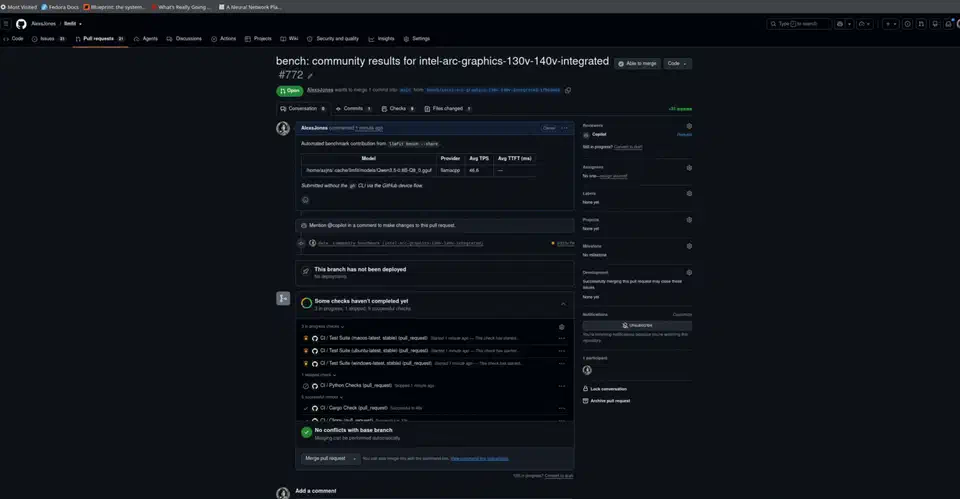 GitHub pull request page showing a community benchmark submission opened automatically by llmfit, with the added JSON result file in the diff