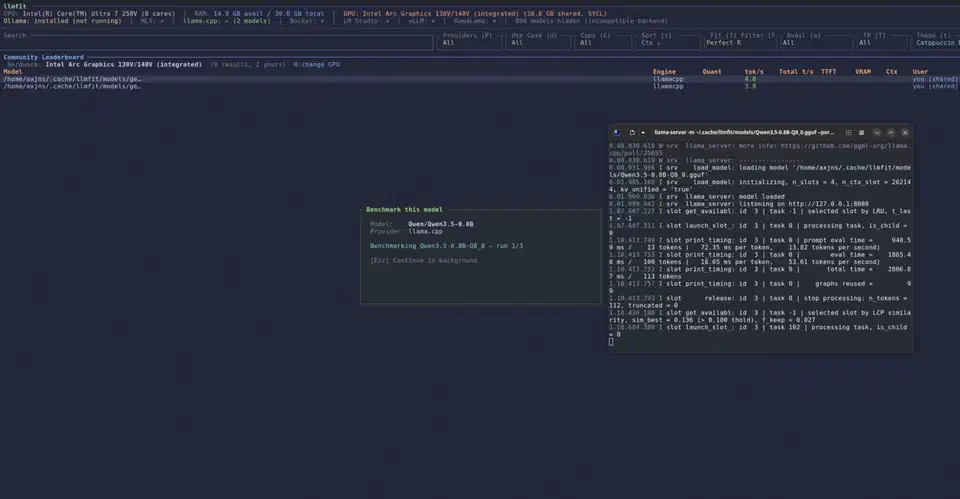 llmfit benchmark popup running a live inference pass against a local llama.cpp provider and reporting tokens per second