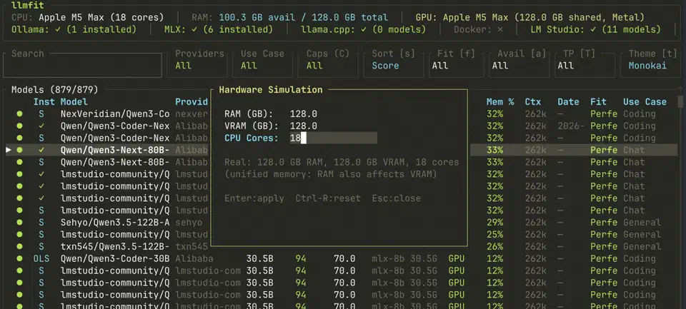 llmfit hardware simulation popup with editable fields for RAM, VRAM and CPU cores used to re-score every model against imaginary hardware