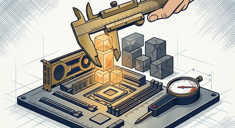 Large machinist caliper measuring glowing model blocks above a computer interior milled into precision slots, beside a dial gauge reading past its predicted mark