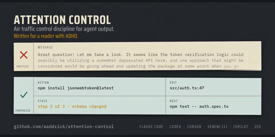 Two sample replies compared: an unstyled paragraph of hedged prose marked with a red cross, and the same answer split into ACTION, EDIT, STATE and NEXT fields marked with a green tick