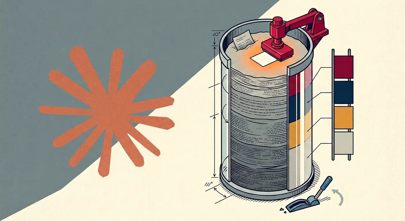Orange sunburst logo on the left beside a cut-open silo packed with grey text layers, a crimson arm stamping a fresh card on the newest layer