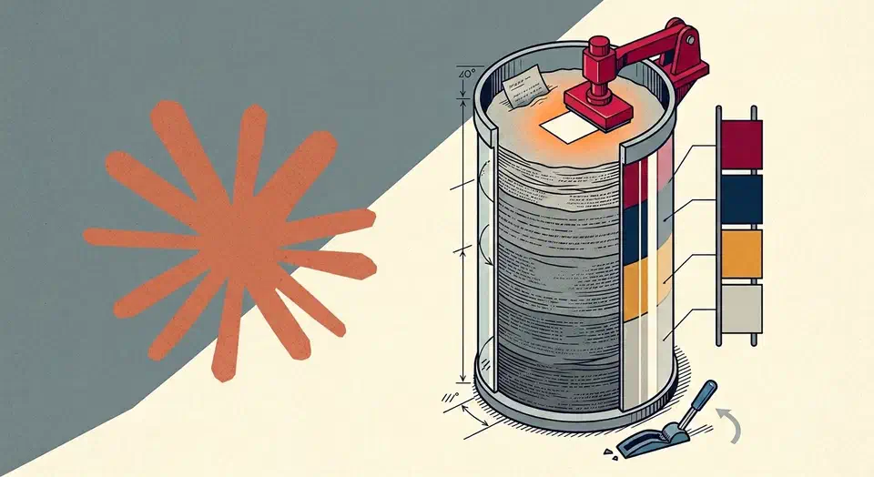 Orange sunburst logo on the left beside a cut-open silo packed with grey text layers, a crimson arm stamping a fresh card on the newest layer