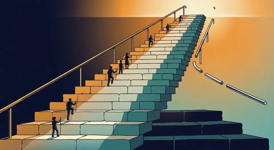 Ascending staircase of twenty-one stone steps with an unbroken left handrail and a right handrail that breaks off after five steps