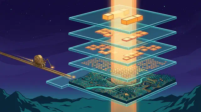 Stack of glass layers with a few big blocks on top and a detailed tile landscape at the bottom, beside a snail machine laying single tiles