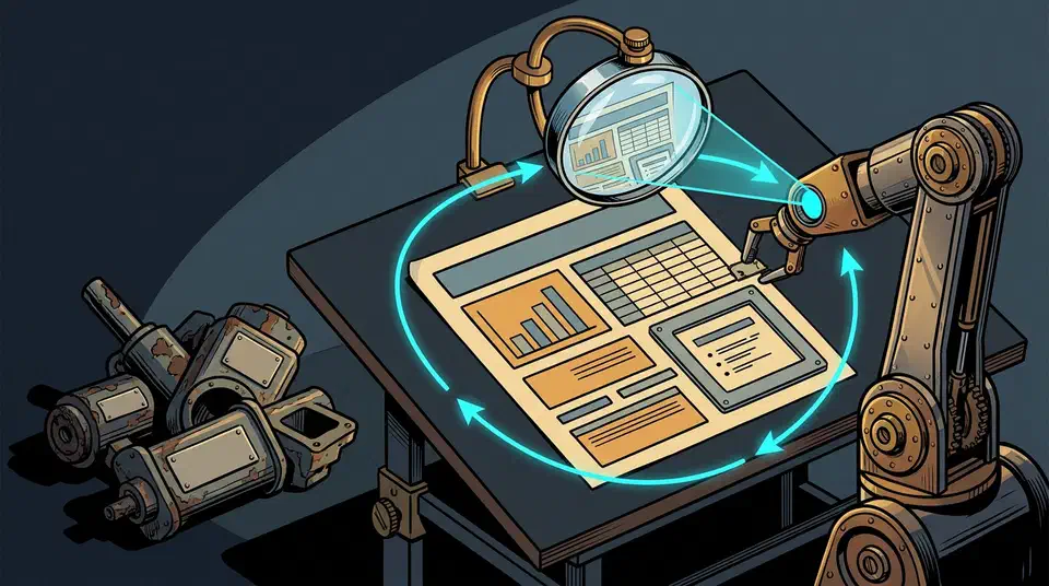 OfficeCLI lets AI agents edit Word, Excel, and PowerPoint files from one binary, and renders them to HTML or PNG so the agent can check its own work. Robotic arm assembling a document page while a brass-mounted lens reflects the finished layout back to its optical sensor
