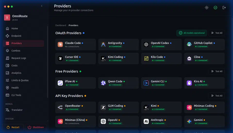 OmniRoute dashboard Providers page: the provider catalog with per-provider connection cards