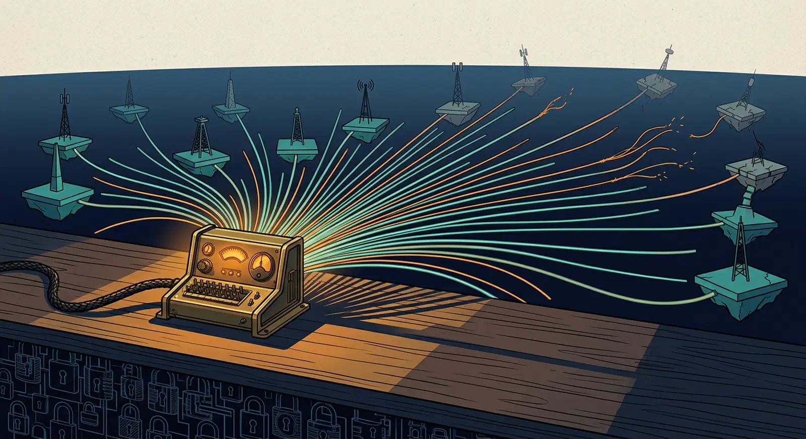Brass switchboard console on a desk fanning hundreds of glowing cables out to distant transmitter towers, some cables fraying
